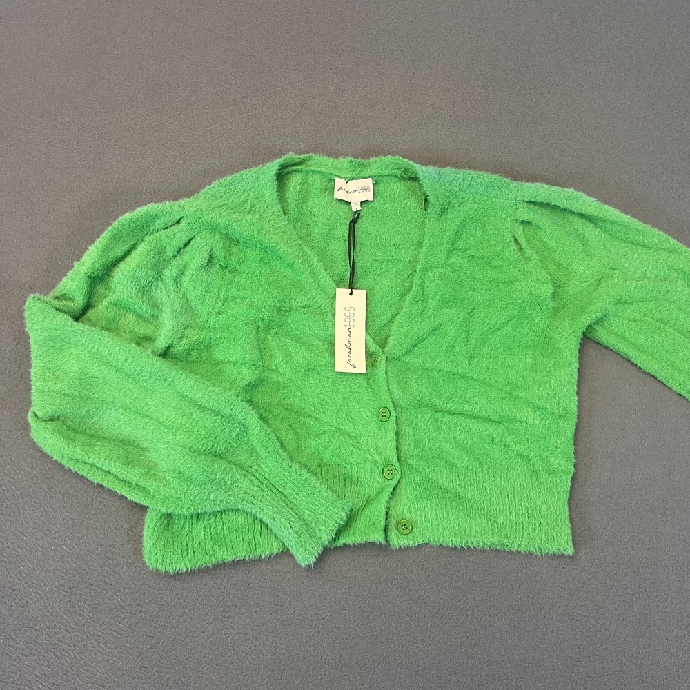 Freshman 1996 Cardigan Sweater LG Top V-Neck Green Fuzzy Long‎ Sleeve Button NWT